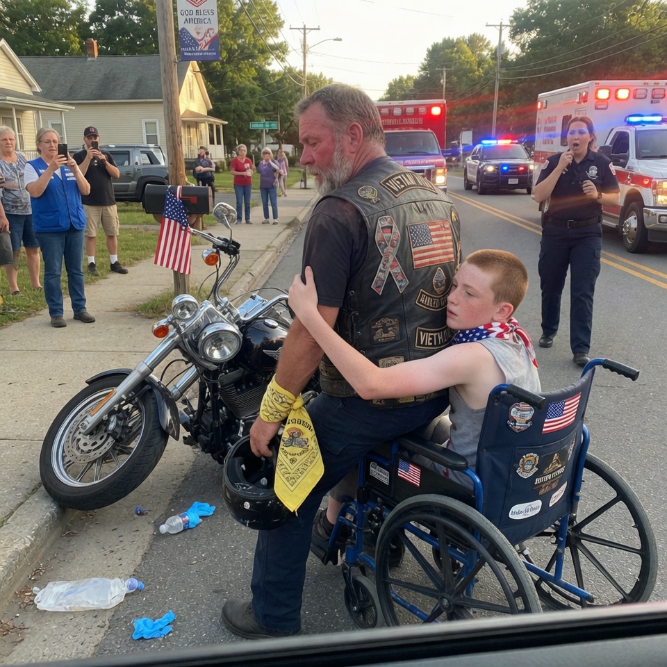 When a staggering biker almost crushed a fragile kid in a wheelchair, the child did the unthinkable – he pulled the man closer and held him upright, refusing to let go even as sirens blared. The paramedic who froze at the sight of a faded ‘Keep Riding’ band realized this wasn’t an accident, it was a payback years in the making… WHAT UNSEEN DEBT COULD MAKE A DISABLED BOY RISK EVERYTHING FOR A STRANGER?