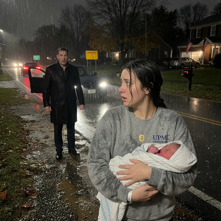 HE SHOVED ME INTO THE FREEZING RAIN WITH OUR NEWBORN—THEN A STRANGER’S HEADLIGHTS STOPPED AND SHONE THROUGH ME