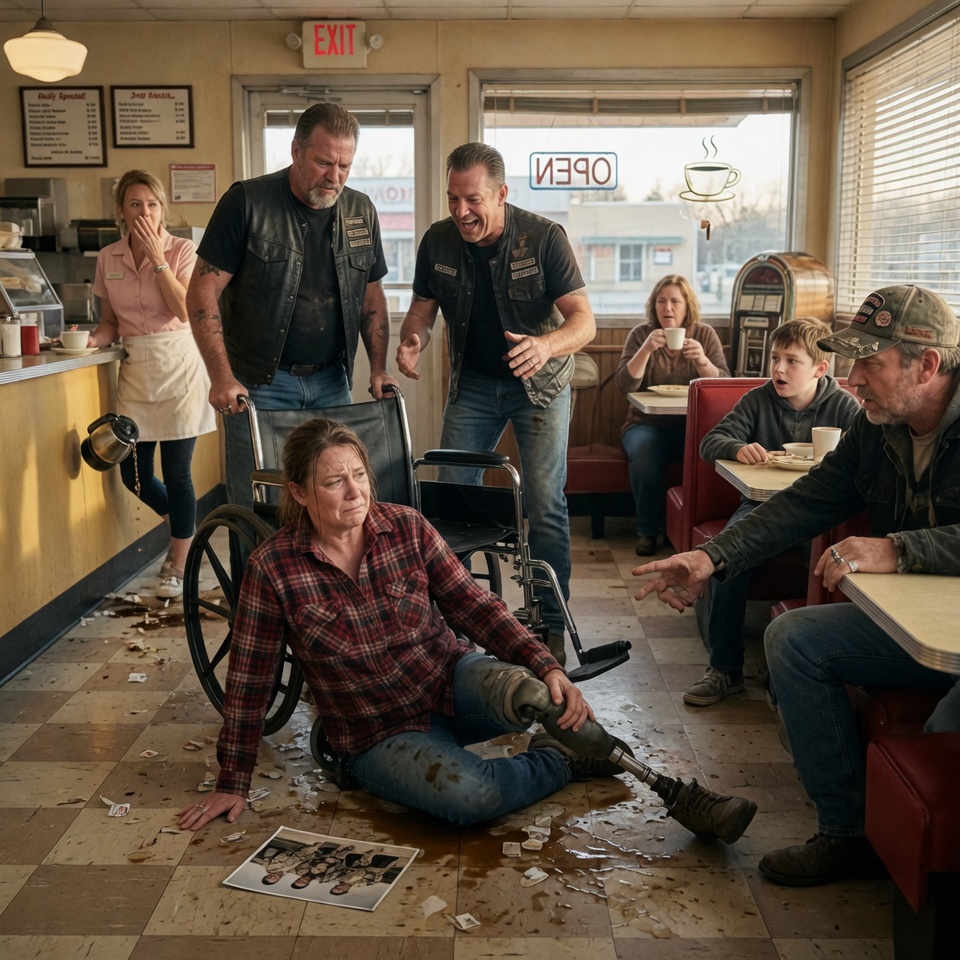 Three bikers grabbed my wheelchair and dumped me onto the diner floor while everyone looked away. A 9-year-old boy asked his father one question. Nobody moved.