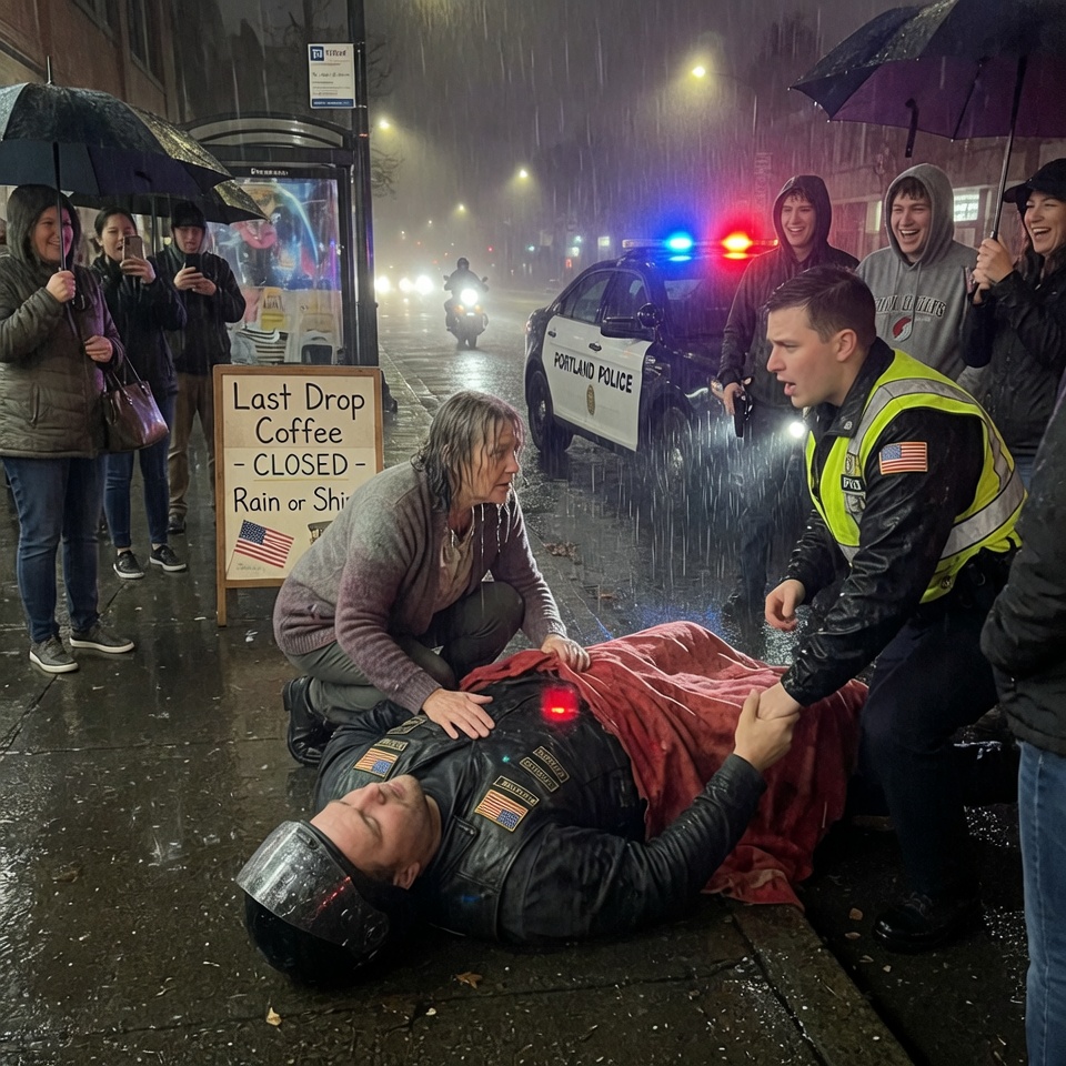 THEY CALLED HER A THIEF WHILE SHE SAVED HIS LIFE… – On a freezing Portland night, a homeless woman knelt in the rain, shielding an unconscious biker with a torn red blanket as bystanders sneered and accused her of stealing. But when a cop reached for the blinking metal device on his chest, she seized his wrist and hissed, “Don’t touch that-you’ll kill him.” WAS SHE A HERO OR A CRIMINAL?