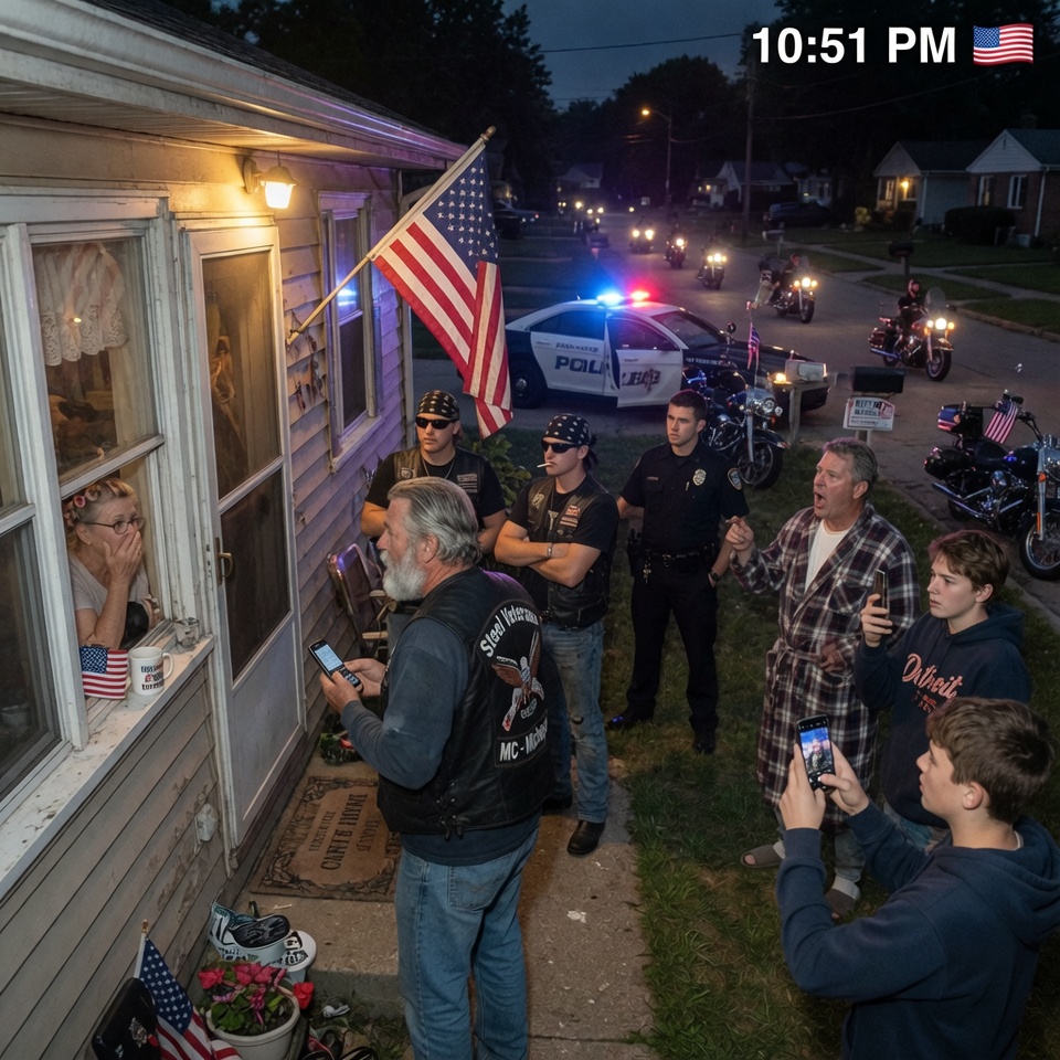 Midnight. Suburban silence ripped apart by a gang of bikers pulling up to a witness’s door. Neighbors screamed, phones shook, and one man whispered, “They’re here to shut her up for good.” But what happened when the leader finally raised his hand wasn’t violence-it was a revelation that left the whole street SPEECHLESS….