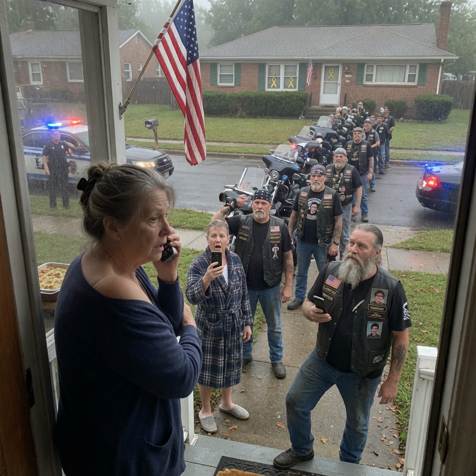 A widow still reeling from her husband’s funeral faces sixty leather-clad strangers standing motionless on her lawn before sunrise, their engines low, their faces hard, and not one word spoken-until the police arrive and the biker reaches for something that makes everyone scream. The tension breaks when the sirens fade and a folded flag appears where no one expected. WHAT SECRET WAS HER HUSBAND KEEPING?