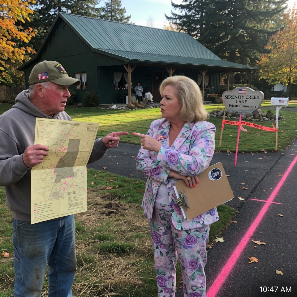 “MY BARN IS PERFECTLY LEGAL…” SHE WHISPERED, BUT THE SURVEY STAKES TOLD A DIFFERENT STORY. WHEN KAREN DEMANDED I MOVE IT 50 FEET, SHE NEVER CHECKED WHO REALLY OWNED THE ROAD BENEATH HER FEET. GUESS WHO’S TRESPASSING NOW?