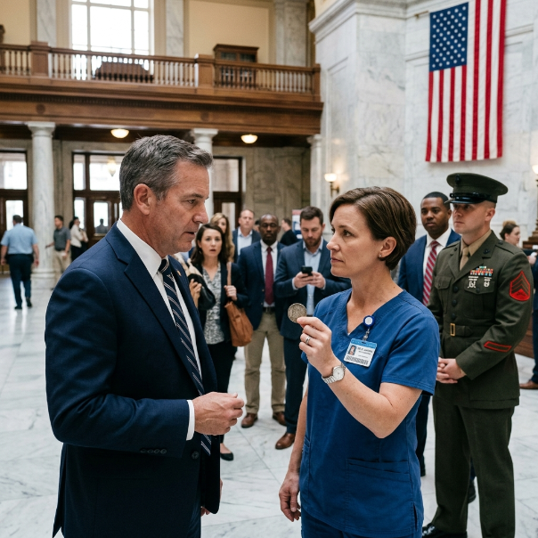 I was EXHAUSTED from saving lives all night, only to be PUBLICLY HUMILIATED by a wealthy snob at my brother’s military graduation. The administrator TRIED kicking me out, but placing my father’s old COIN on his desk changed EVERYTHING. WHO WILL FINALLY INTERVENE?!