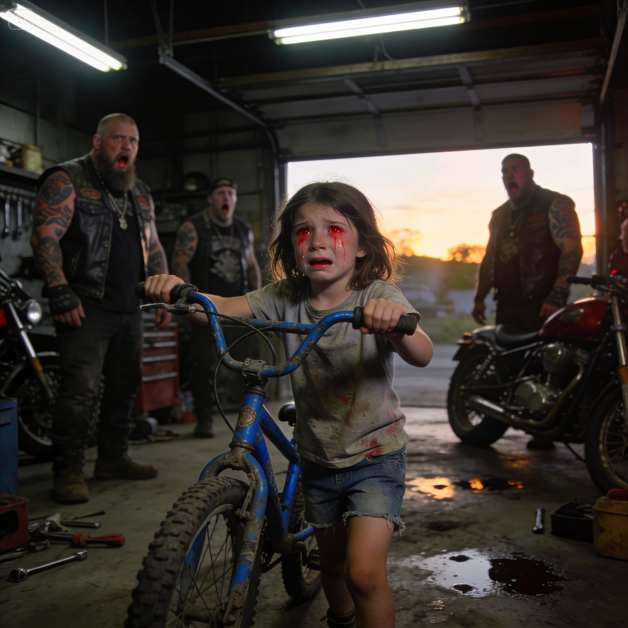 The garage went dead silent when a trembling nine-year-old girl walked in holding a beat-up bike, tears streaming down her face, begging the most dangerous men in town to buy it so she could save her mother…
