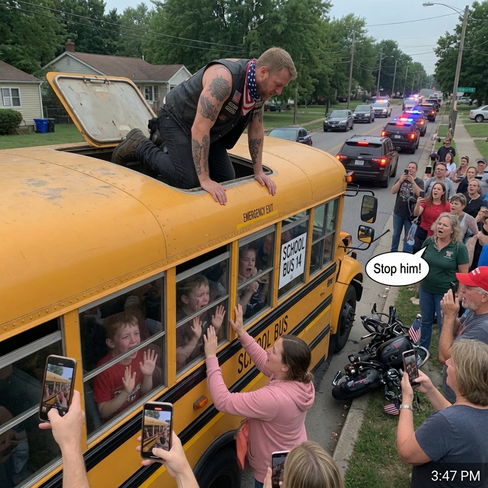 A biker forced his way onto a stopped school bus as parents dialed 911… but the truth hiding above that yellow roof was nothing anyone expected. CAN A MOMENT OF FEAR EVER SHOW WHO SOMEONE REALLY IS?