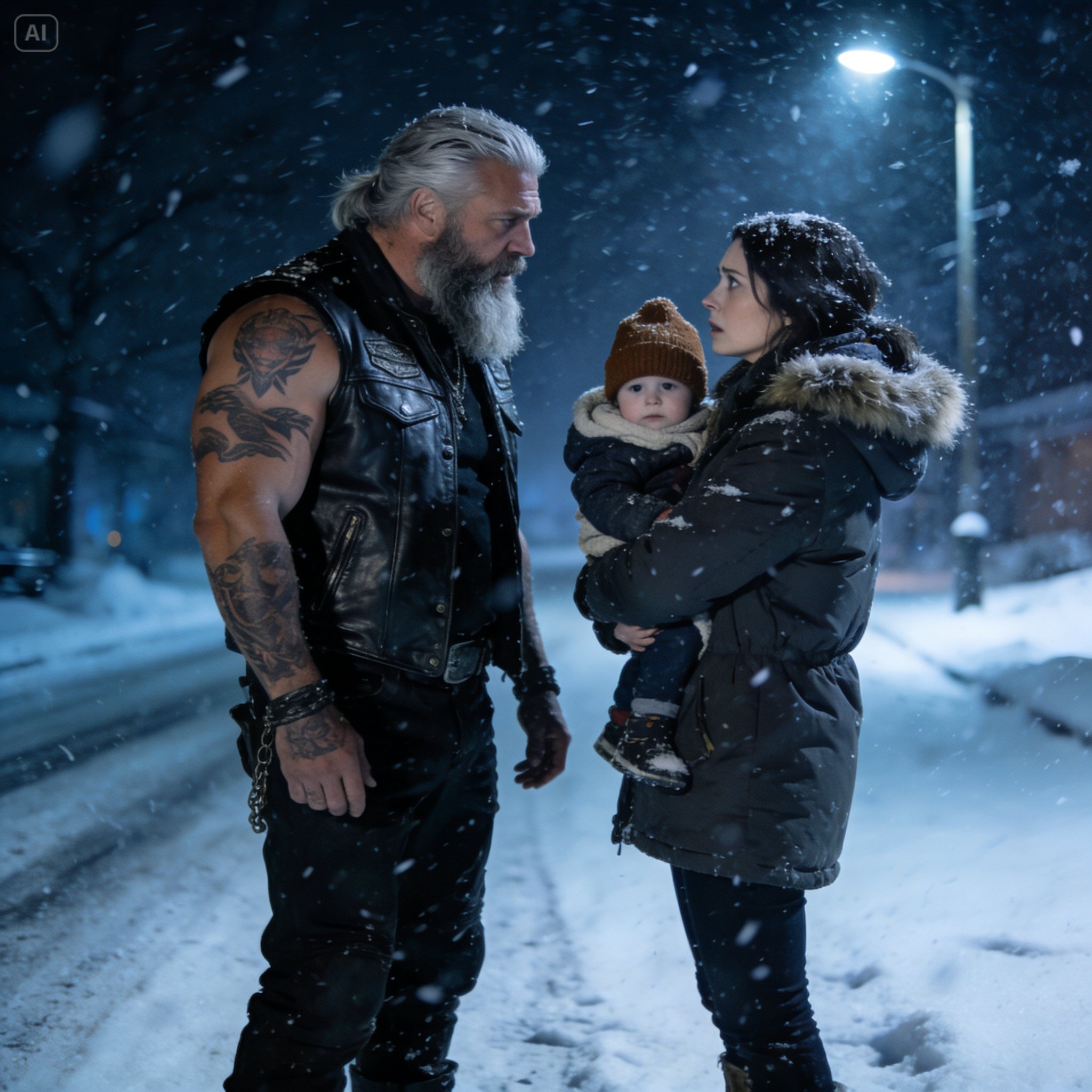 The snow was burying my babies alive when a dozen massive motorcycles surrounded our dead car, and the largest rider stepped off with a look that chilled my blood…