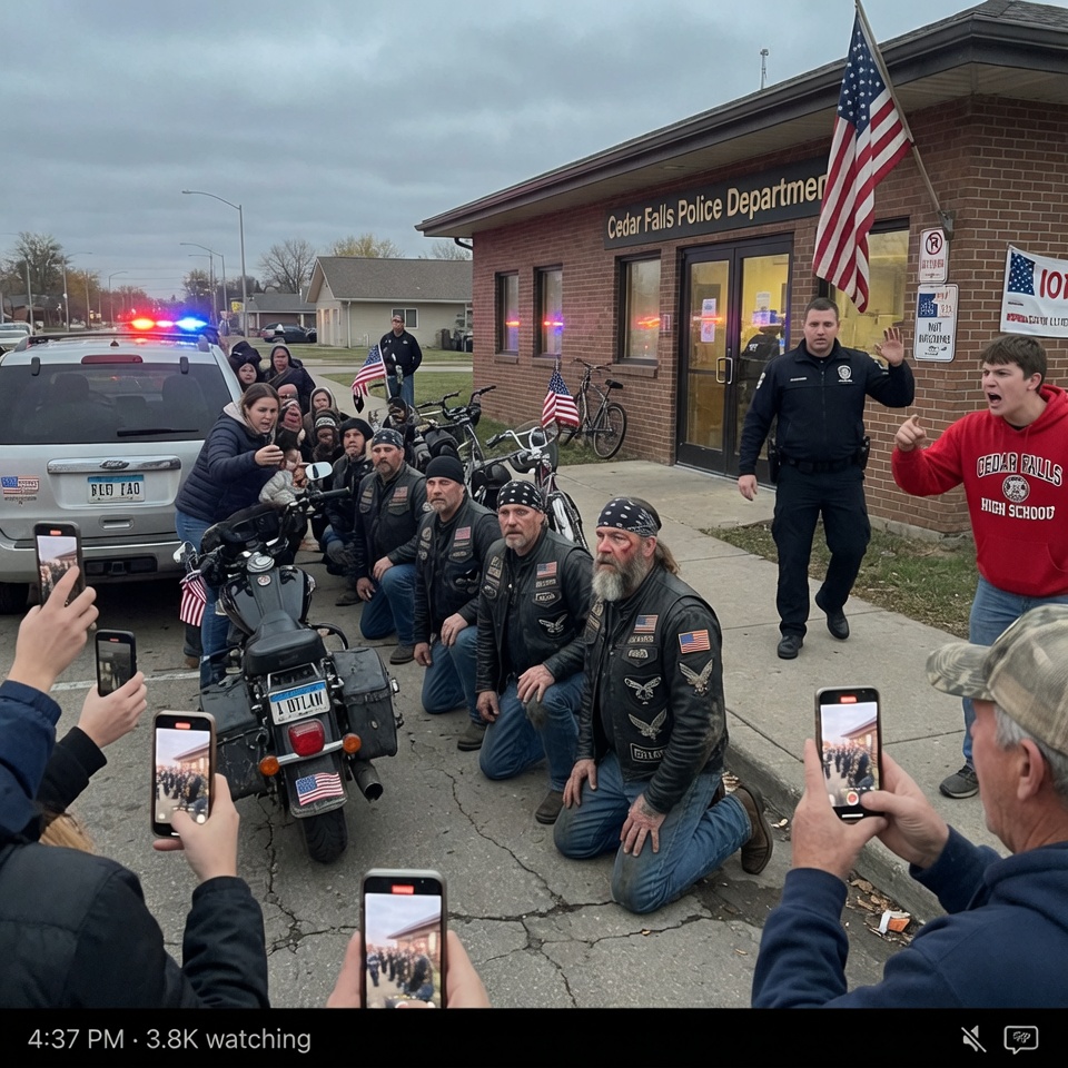 Dozens of TERRIFYING bikers dropped to their knees in dead silence outside a police station, and the crowd’s PANICKED assumptions pushed the whole street to the edge of chaos — until one weathered man spoke five words that shattered everything. WHAT HAD THE WHOLE TOWN SO WRONG?