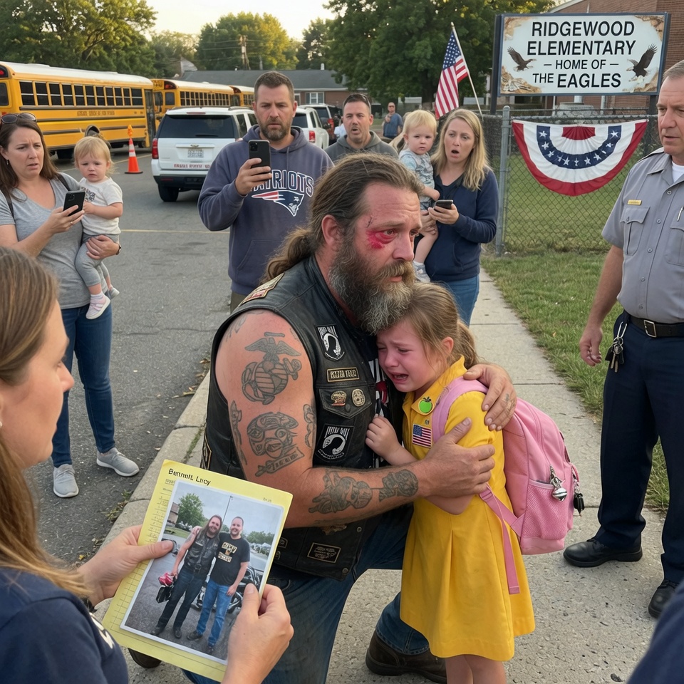 A terrifying tattooed biker crouched at the school gate holding a sobbing little girl, and the crowd nearly called the cops… until she opened her tiny pink backpack and a faded photograph left her mother ABSOLUTELY SHATTERED. WHAT SECRET WAS HIDING INSIDE THAT BACKPACK?