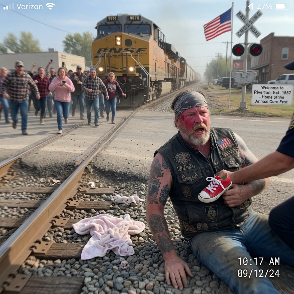 A tattooed biker refused to move as a train bore down on him at full speed… but when cops yanked him off the tracks, they saw the tiny RED SHOE clutched to his chest and the living secret hidden in the gravel. WHAT MADE HIM STAND THERE KNOWING HE COULD DIE?