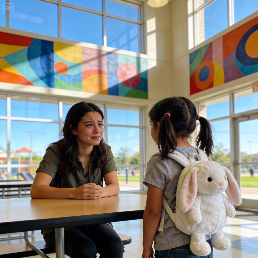 She was a corporate nobody eating lunch in a rainy cafeteria until a little girl in a rabbit backpack sat down.
