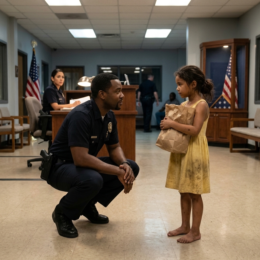 A Barefoot Seven-year-old Girl Whispered “I Carried Him Alone” At A Police Station Late At Night— Then I Looked Inside The Paper Bag And Saw The Thin Blanket Moving With Shallow, Uneven Breaths.
