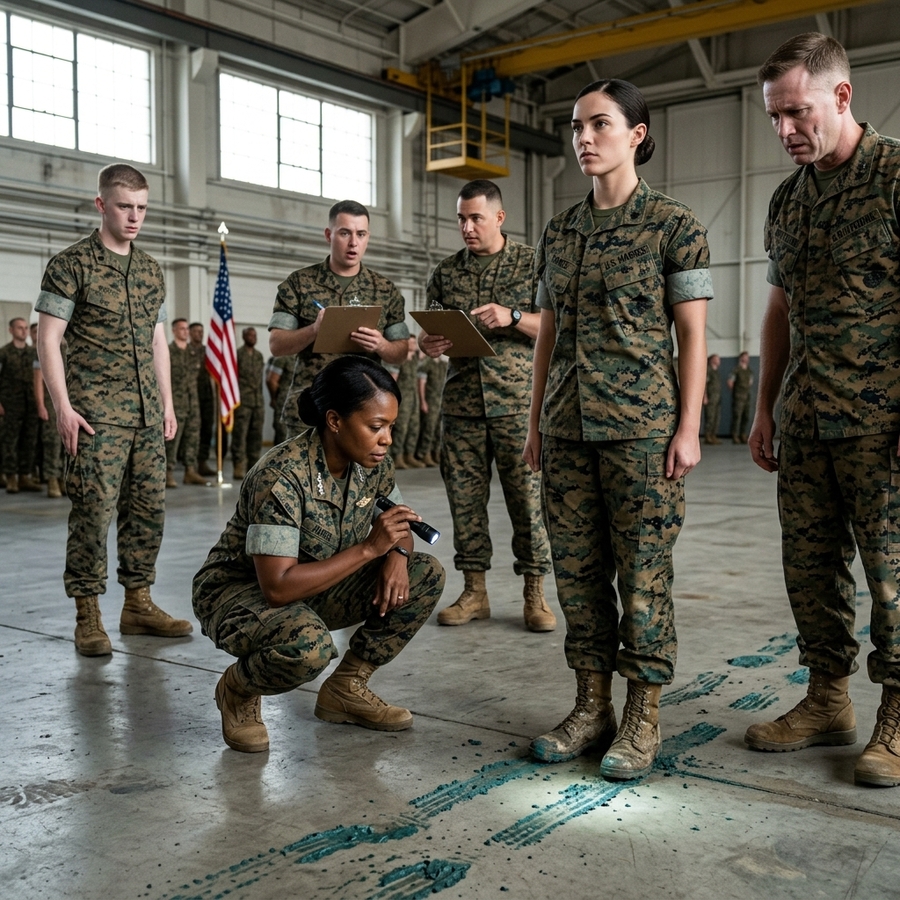 I Led A Marine Inspection With Mud Poured On My Boots While The Commander’s Son Stood Watching Me And Laughed— I Walked Past Without A Word And Left Wet Prints All The Way To The General