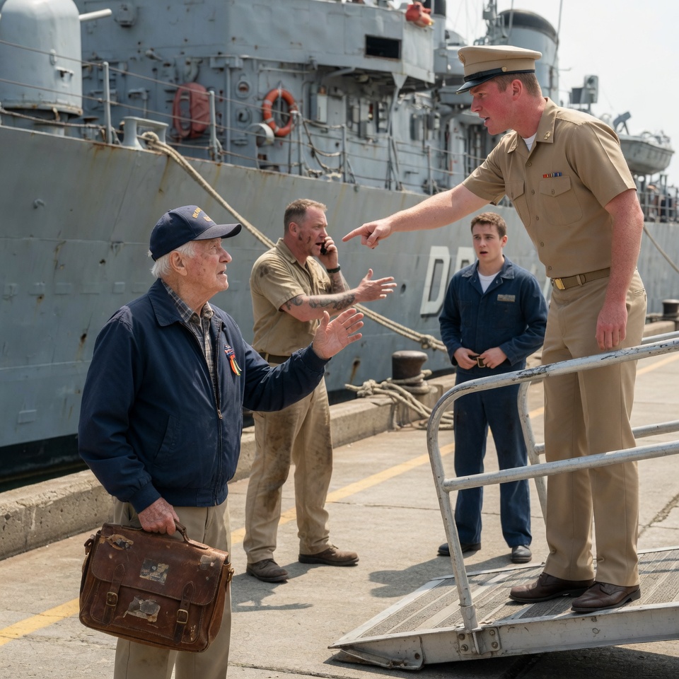 A Navy lieutenant blocked me at the gangway after everything I gave. Then my old leather satchel made an admiral cross the pier and salute me.