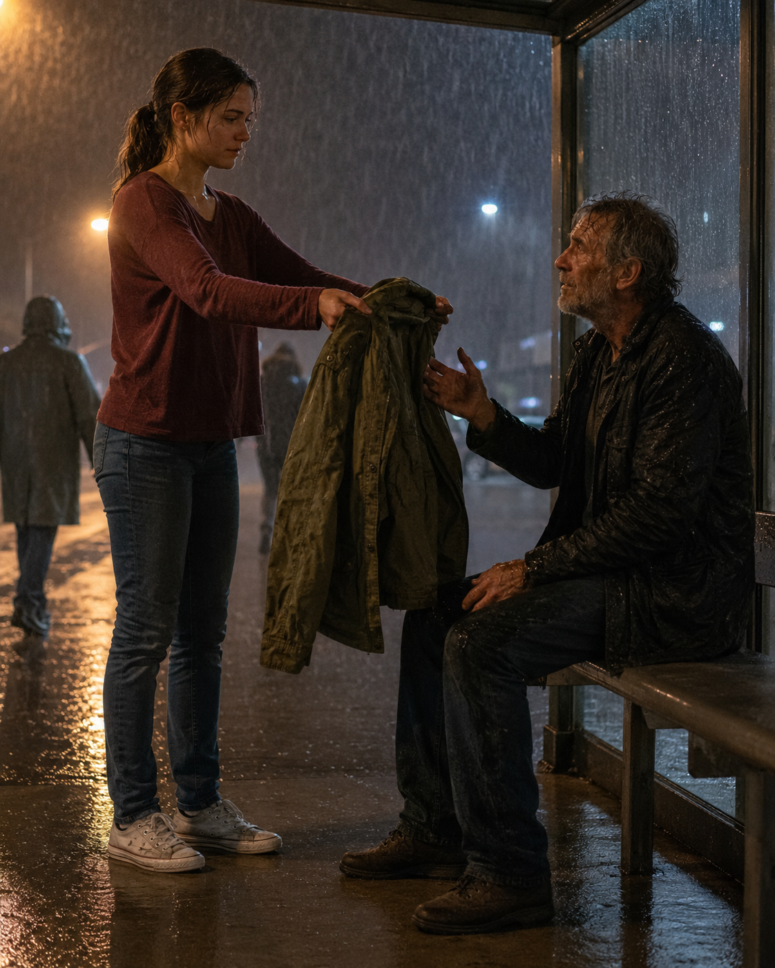 I gave my grandfather’s military jacket to a stranger shivering in the rain. A week later a helicopter landed in my town — and the man who stepped out was wearing it with four stars on his shoulder.
