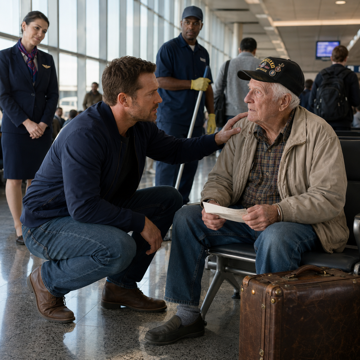 I watched my flight leave without me while I helped a Vietnam veteran with a limp find his gate. An hour later I was standing on a high school field. Behind me — a private jet.