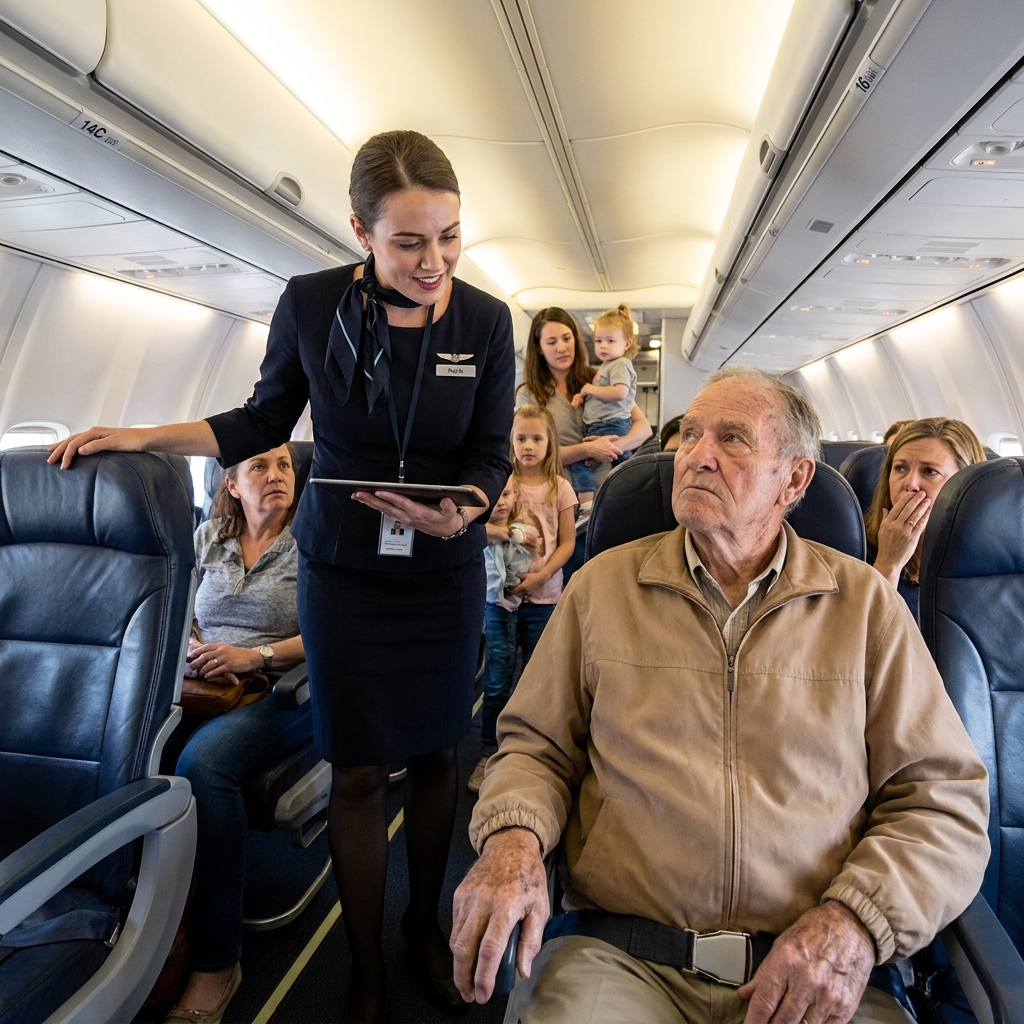 A flight attendant told me to give up the aisle seat I booked for my service injury so a family could sit together. Nine minutes later, the cockpit door opened and the captain walked down the aisle and saluted me.