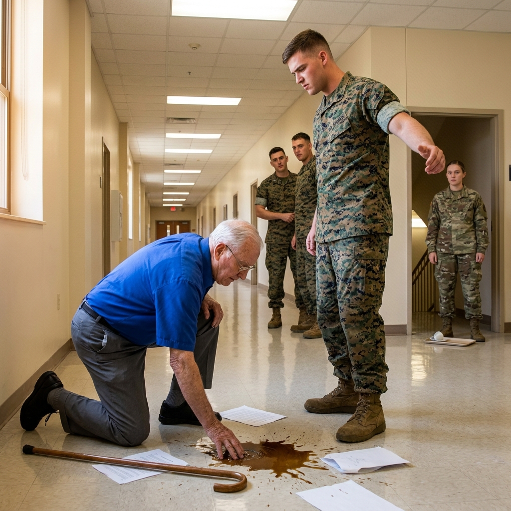 A young Marine shoved my 82-year-old body to the ground and kicked my cane down the hallway while his friends laughed. I didn’t say who I was. Three generals came running.