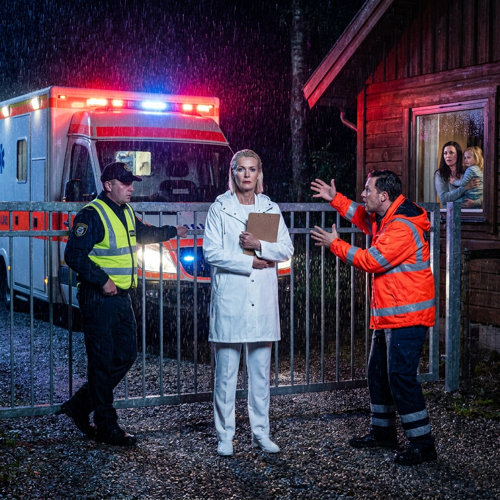 She locked the gate and blocked an ambulance rushing to a child who couldn’t breathe—then smirked and said, “Maybe people should follow regulations.” I stepped out of the rain and asked the deputy one question: “Who owns the road you’re parked on?” What happened next exposed a secret her entire luxury community never saw coming.