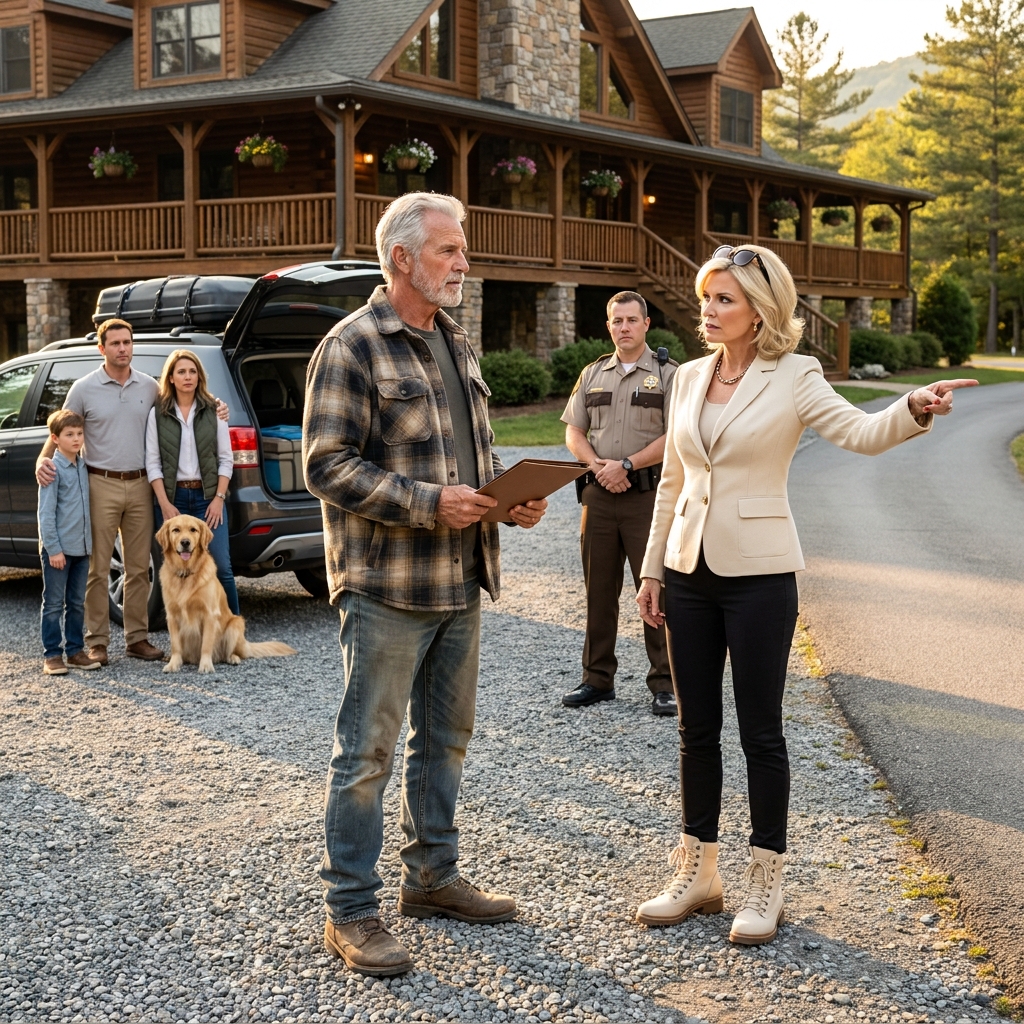 She stood on the porch welcoming guests to “her” $7.2M mountain lodge while cameras livestreamed every smile. Then a retired widower walked up with a worn-out binder and told the deputy, “Before anyone carries another bag inside, check who signed the deed.” The silence that followed was deafening.
