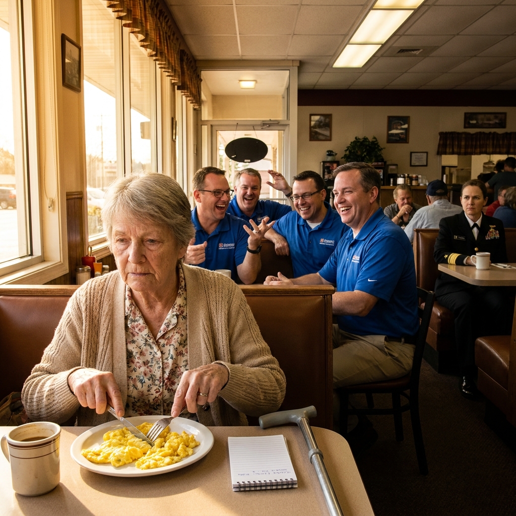 Four men mocked a deaf veteran at a Sunday breakfast, making cruel sign language gestures while she struggled with her tray. A Navy Admiral rose from the corner booth and walked toward her table without saying a single word.