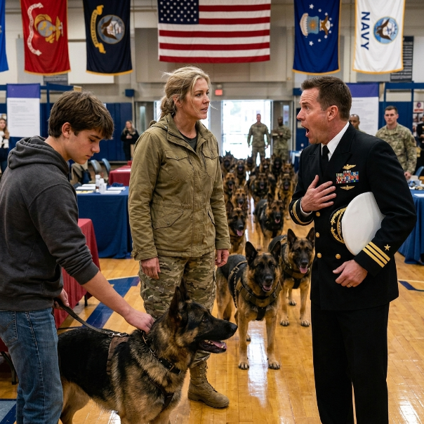 When a smug Navy officer publicly humiliated my sweet, elderly mother at the base’s open house, leaving me trembling with furious tears, he had no idea his cruel joke was about to trigger an impossible reaction from fifty highly-trained military dogs.