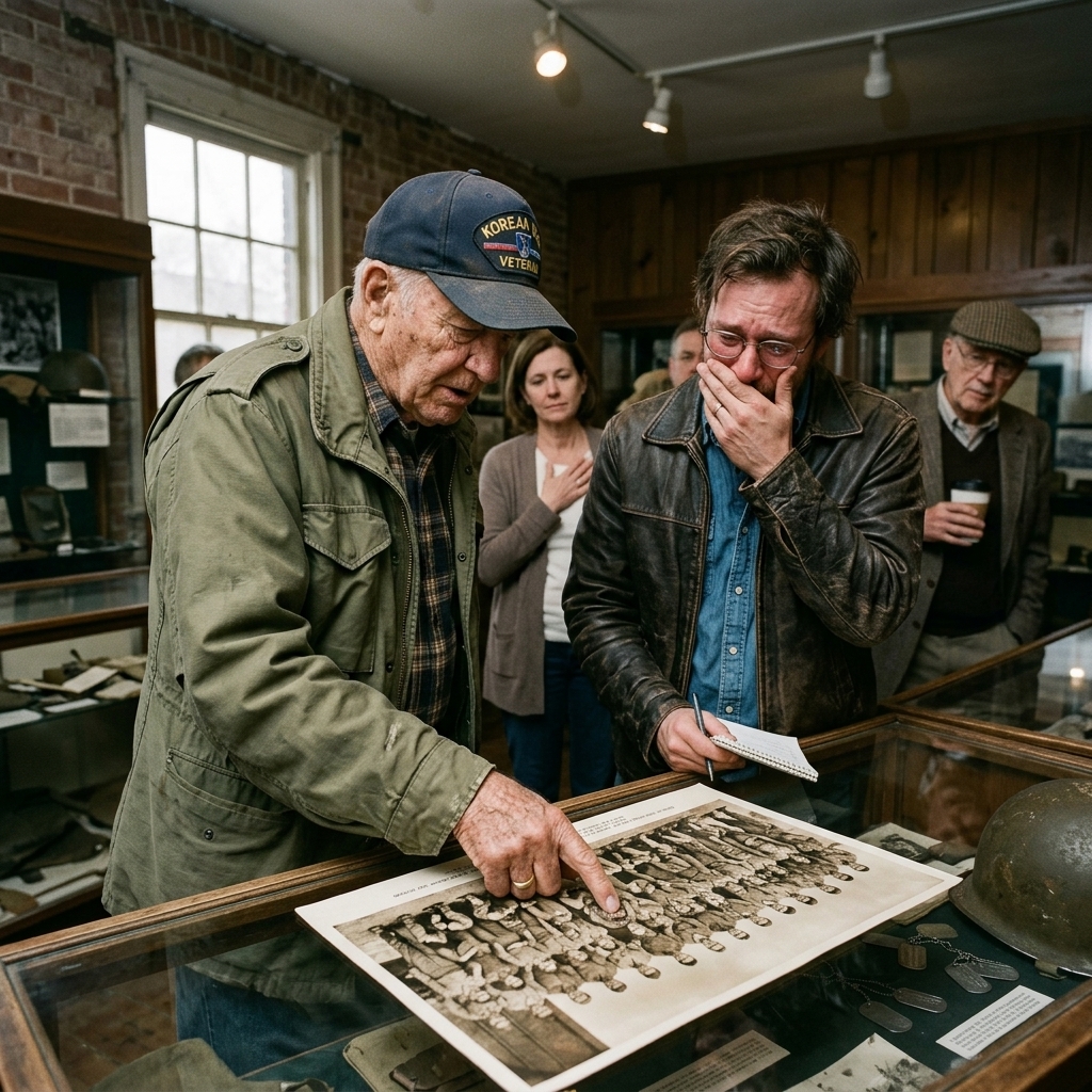 THE ARROGANT MUSEUM CURATOR LAUGHED AT THE RETIRED JANITOR FOR CLAIMING HE KNEW THE ANONYMOUS SOLDIERS IN THE HISTORIC PHOTOGRAPH — UNTIL A DECORATED GENERAL STEPPED OUT OF THE SHADOWS AND REVEALED THE OLD MAN’S TRUE IDENTITY. WHAT HAPPENED NEXT?
