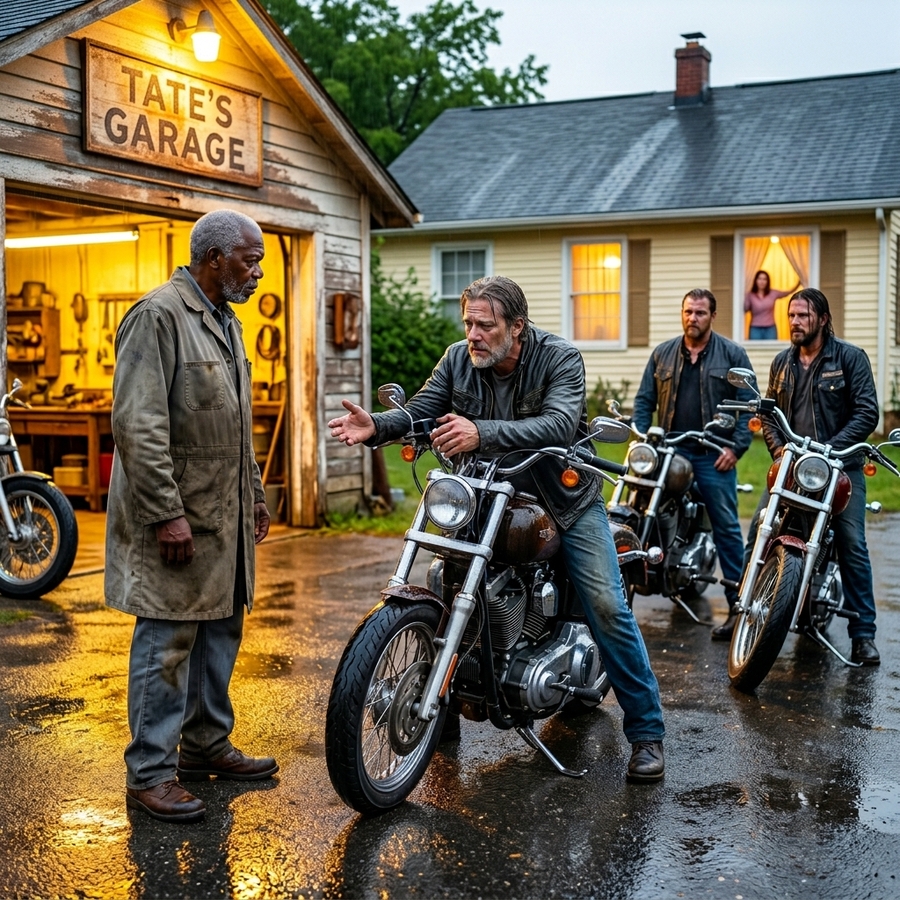 Old Black Mechanic Helps Stranded Bikers in the Rain — What Rolls Into His Shop at Dawn Stuns Him