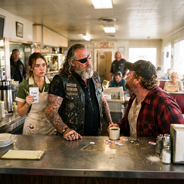 When the burly truck driver, Damon, slammed his heavy metal keys into my counter just to watch me flinch from the vibration, a hot flush of humiliation burned my cheeks. I had absolutely no idea that four massive, leather-clad shadows were about to block the diner’s front doors and completely turn the tables.
