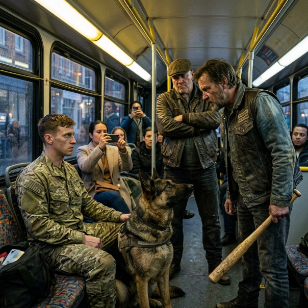 The city bus was supposed to be a quiet ride home, but the air turned ice-cold when four thugs shoved their way to the back. They weren’t looking for trouble; they were looking for victims, and they made the mistake of cornering a man sitting alone with a massive, disciplined German Shepherd.
