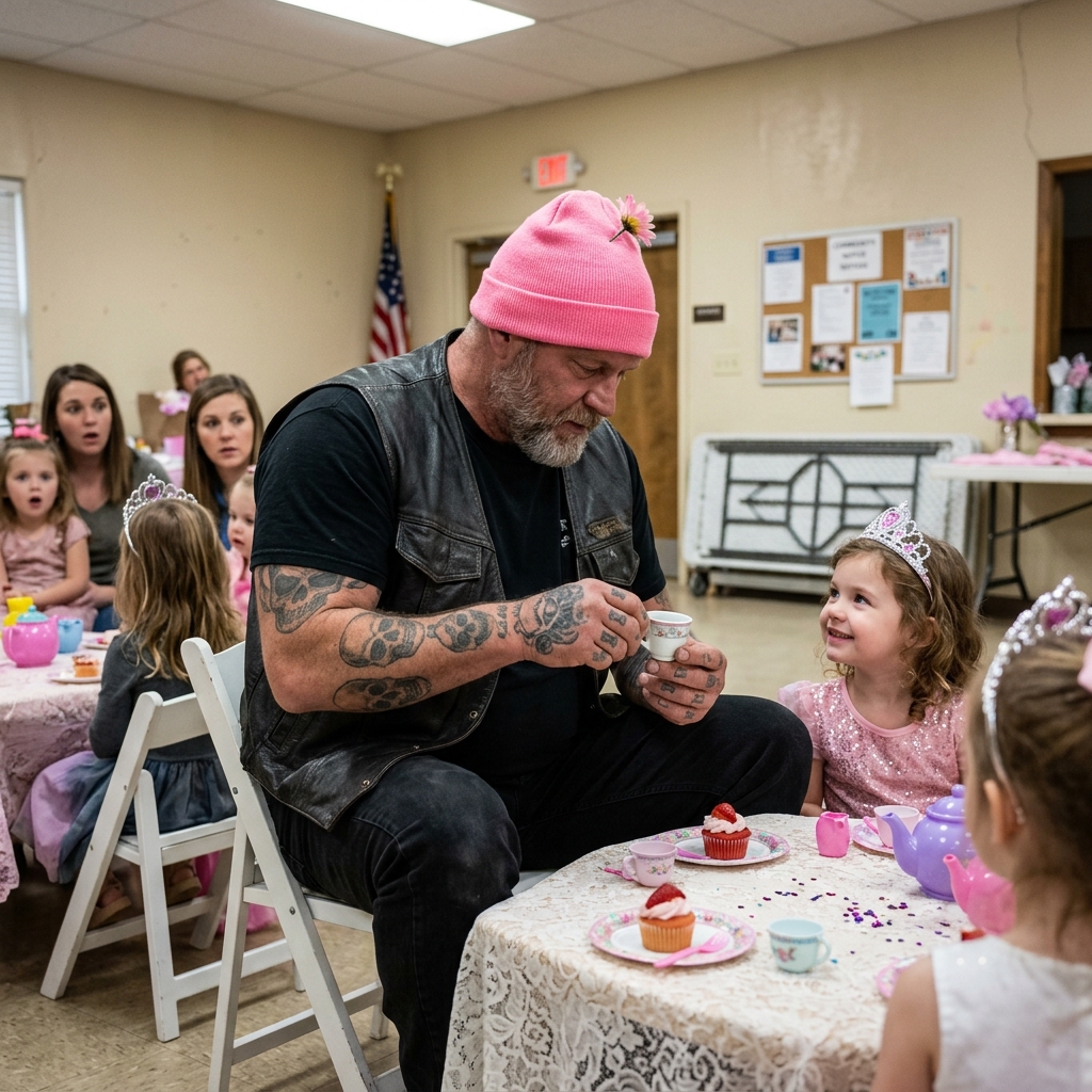 A 65 BIKER IN FULL LEATHER AND A PINK RIBBON HAT SHOCKED A PRINCESS TEA PARTY. Mothers DISAPPROVED. He SAT. The room WAITED. THEN A MOTHER SAW TEARS AND NOTICED SOMETHING ABOUT LILY’S HAIR. THE TRUTH NO ONE HAS TOLD YET?