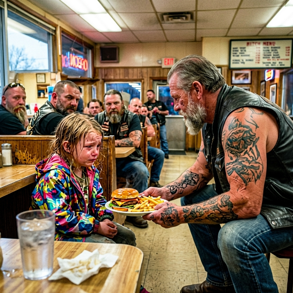 When a furious customer publicly humiliated a soaking-wet, eight-year-old girl for taking a single cold french fry off my diner counter, my heart shattered into a million helpless pieces, but absolutely no one could have predicted the unbelievable way the terrifying biker gang in the corner was about to react.