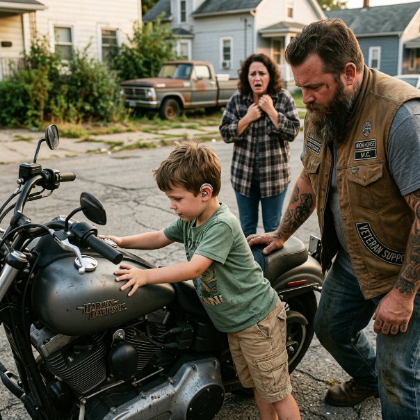 When a tiny, completely deaf boy placed his trembling hands on the roaring engine of my prized Harley, I almost snapped at his mother—until the child pulled out a piece of paper and drew something that brought this hardened biker to his knees, leaving the entire diner in absolute, stunned silence.