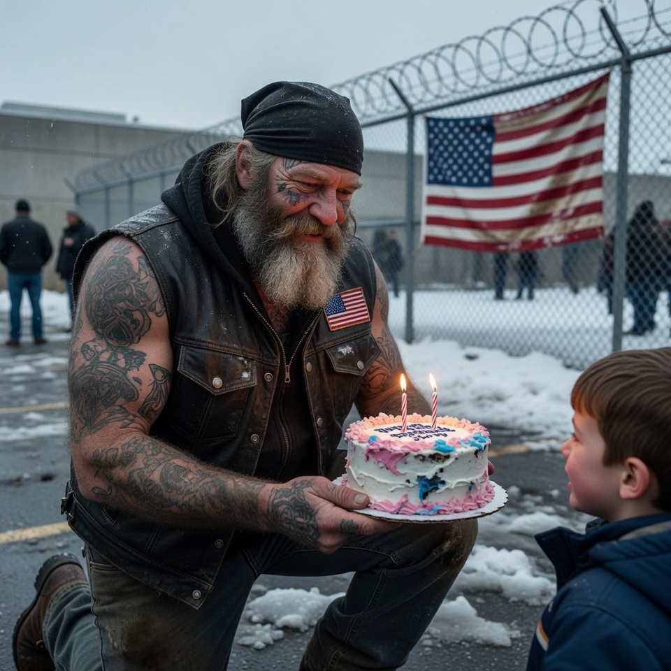 A TOUGH BIKER waited 4 hours in the FREEZING COLD holding a birthday cake. The daughter it was for NEVER CAME. He gave it to a crying boy. BUT THE PINK COAT HE KEEPS OVER HIS HEART HOLDS A SECRET THAT WILL BREAK YOU!