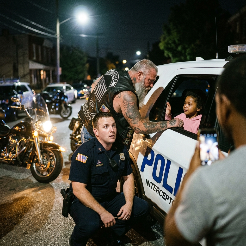 Rescued from VIOLENCE, TERRIFIED of UNIFORMS. Cops called bikers—Grandpa’s HARLEY was her peace. 12 SURROUNDED the car. World saw AMBUSH… ONE MAN KNELT DOWN. WHAT DID HE WHISPER THROUGH THE GLASS TO A BROKEN SOUL?