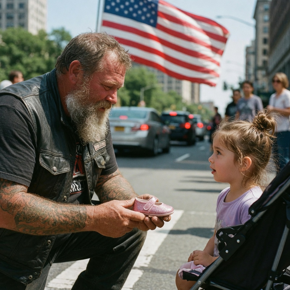 A BIKER STOPPED TRAFFIC for a tiny shoe. My girl saw his beard and whispered “Daddy”—her soldier dad died never hearing. His touch shook the globe. BUT THE TRUTH NO ONE KNOWS YET… WHAT IS THE UNANSWERED WHISPER?