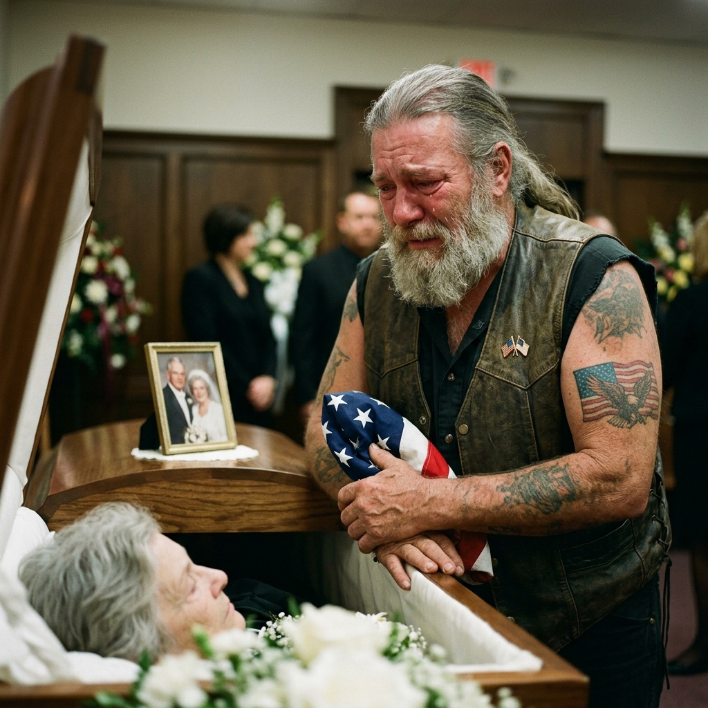 A TATTOOED BIKER stood like FAMILY at my mother’s funeral. I was FURIOUS. He said he stopped four years ago. THE HIDDEN TRUTH OF THE YEARS HE GAVE HER THAT I NEVER KNEW… ?