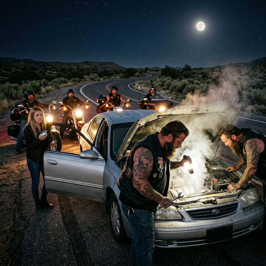 She Was Stranded Alone in the Desert at Midnight — 20 Hells Angels Surrounded Her, Then Noticed the Hidden Badge That Made Them Her Army