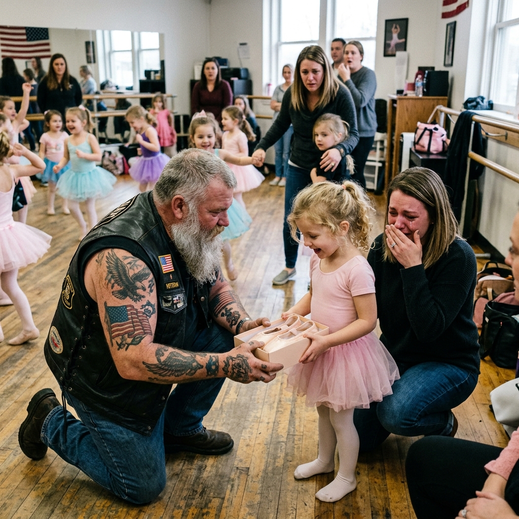 A SCARY, TATTOOED BIKER WALKED INTO A BALLET CLASS, HANDED A POOR GIRL IN SOCKS PINK SLIPPERS, AND WEPT ALONE — BUT NO ONE KNEW WHY. THE TRUTH THOSE TEARS HID WILL LEAVE YOU IN TEARS!