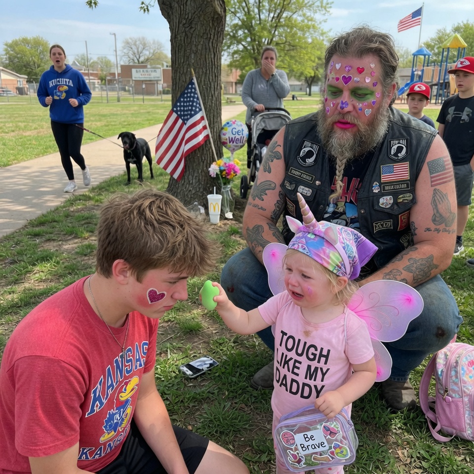 Teens LAUGHED at a huge tattooed biker covered in HEART stickers. He refused to react. Then his 5-year-old daughter stood up and SHATTERED their mockery. **THE HIDDEN PART OF THE STORY IS WHY 12 MEN ENDED UP SOBBING IN THE PARK!**
