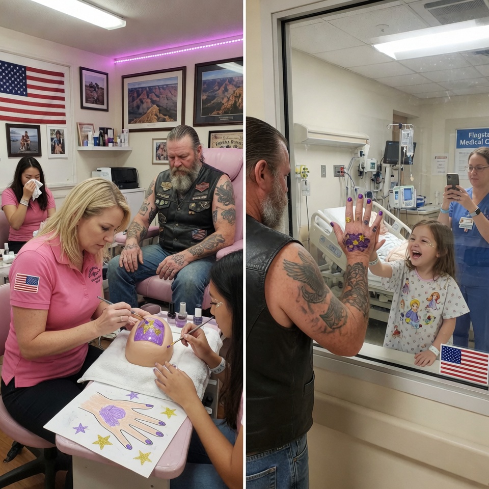 A SCARRED 250-pound outlaw biker walked into a PINK nail salon and TERRIFIED the women. He held up a CHILD’S CRAYON DRAWING and DEMANDED purple princess glitter. A hospital video went VIRAL but the HEARTBREAKING reason REMAINS a powerful secret. THE HIDDEN PART OF THE STORY THAT THE WORLD IS STILL BEGGING FOR…