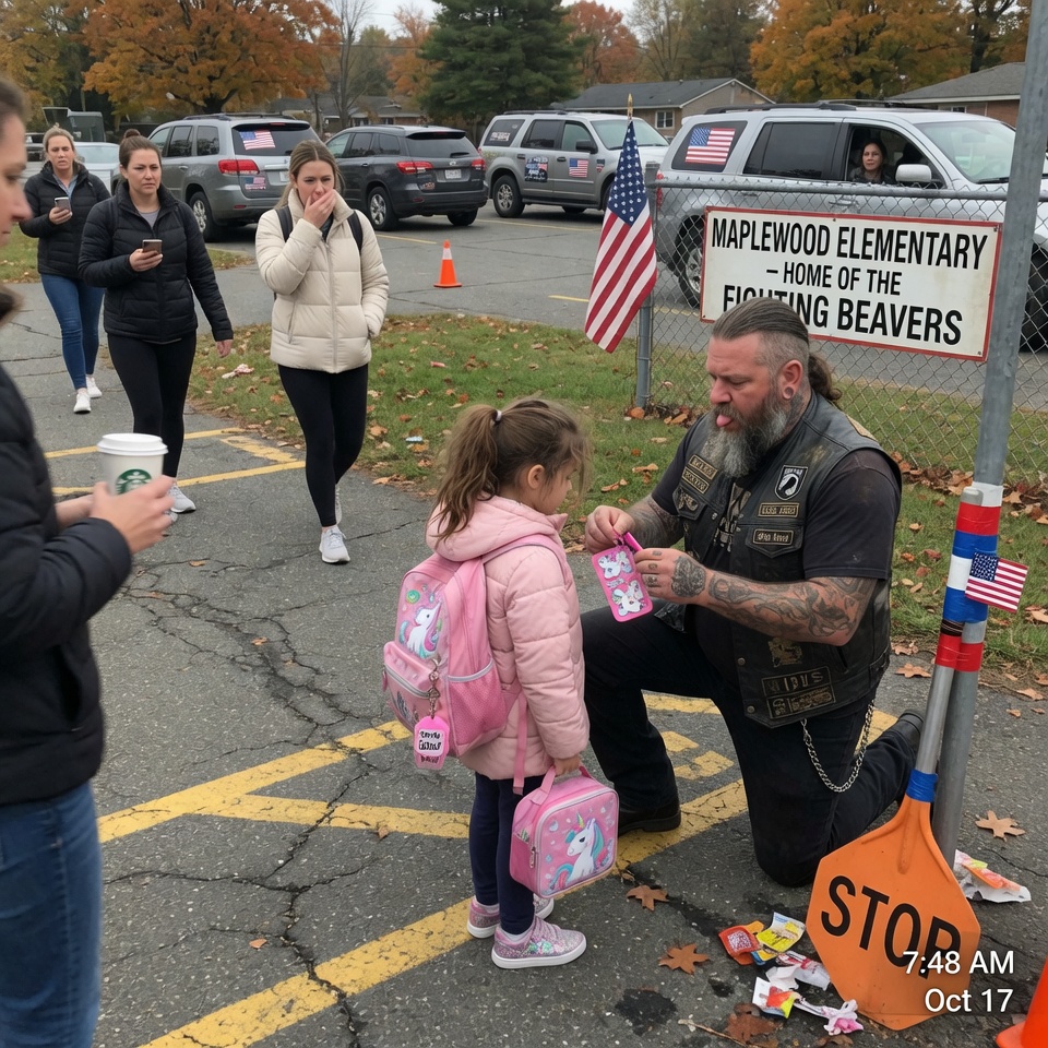 TATTOOED biker FAILS daughter’s ponytail EVERY MORNING. Then she told the teacher WHY. SUV moms SAW it. WHAT THEY DID IN SECRET CHANGED HIS WORLD… BUT THE TRUTH NO ONE HAS TOLD YET?