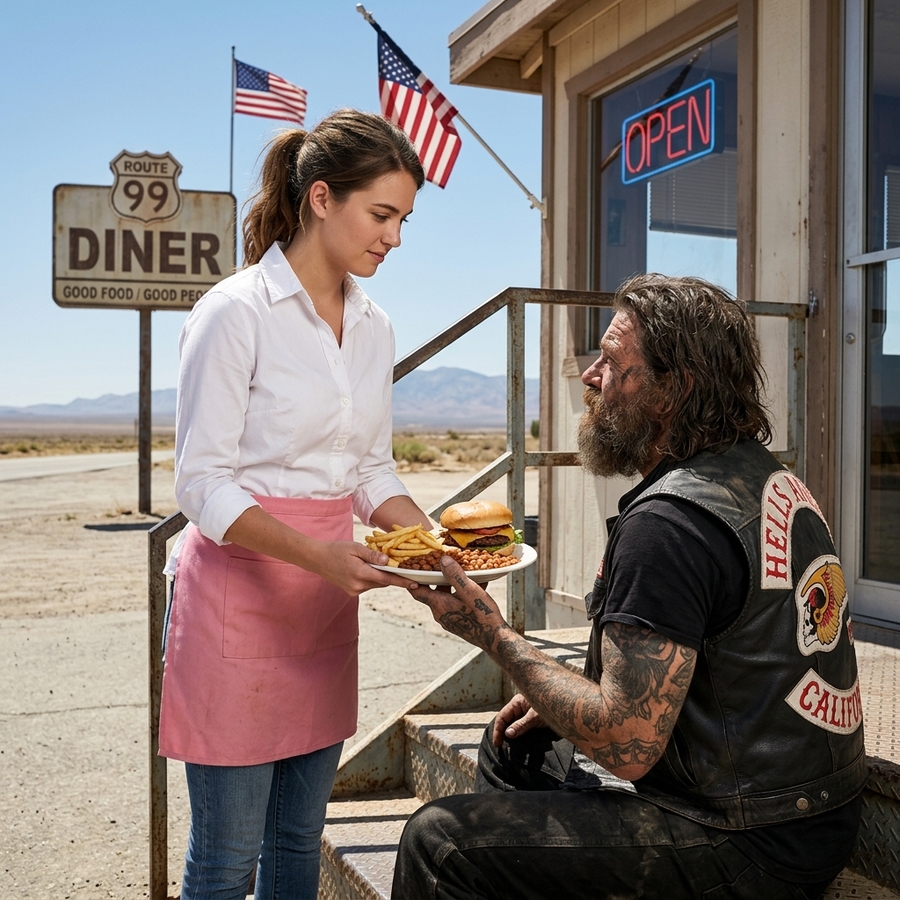 Poor Waitress Was Fired for Feeding a Starving Veteran Biker — Next Day 50 Harleys Returned With $100K and a 50-Year Secret