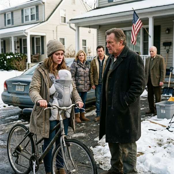 When my own mother and sister forced me to ride a rusted bicycle through the freezing snow while they drove the brand-new Cadillac my grandfather bought for my newborn, I thought my spirit was completely broken—until a black sedan slowly pulled up beside me.