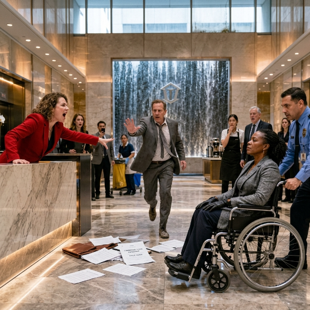 I entered the LUXURY lobby, but the receptionist IMMEDIATELY grabbed my folder. WHO REALLY OWNS THIS BUILDING?  Ten years ago, a delivery truck ran a red light and permanently ended my ability to walk.