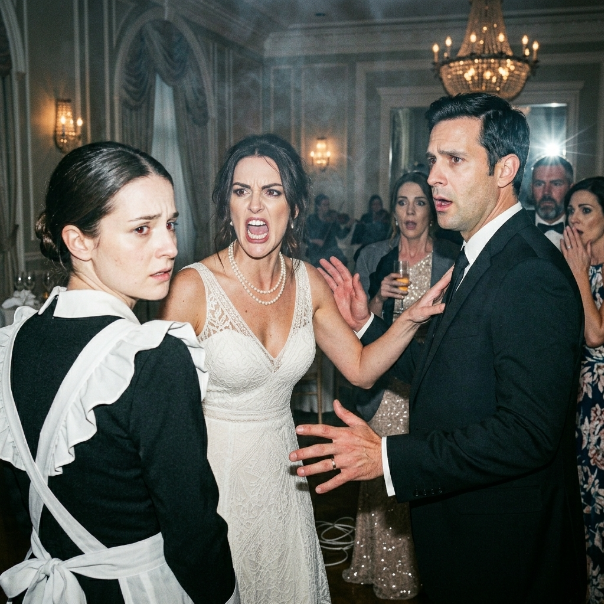 The champagne was flowing, the orchestra was playing a soft waltz, and my sister was beaming in her designer gown—until the maid shattered that peace by slapping the glass right out of the groom’s hand, leaving the entire ballroom in a stunned, deathly silence.