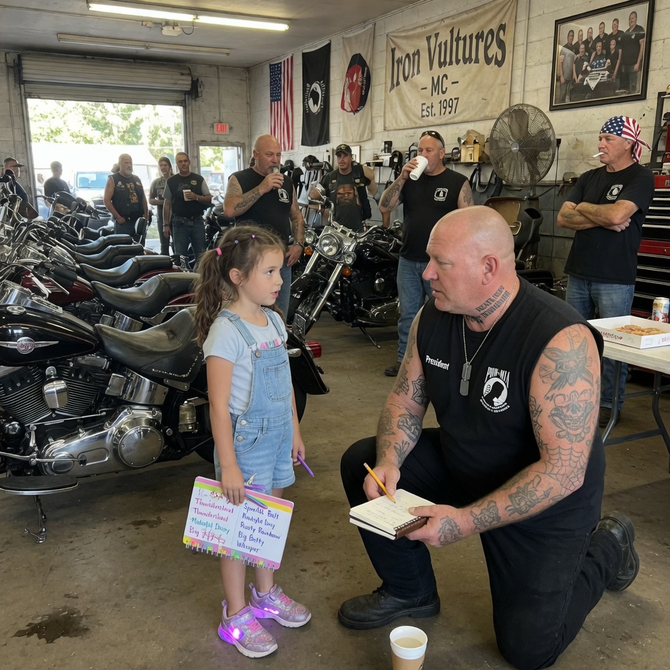 A biker with ‘DEATH BEFORE DISHONOR’ on his throat DROPPED TO ONE KNEE for a 7-year-old. Her question about his club’s motorcycles froze 20 men. THE PART NO ONE TELLS? IT LEFT EVERYONE SPEECHLESS!