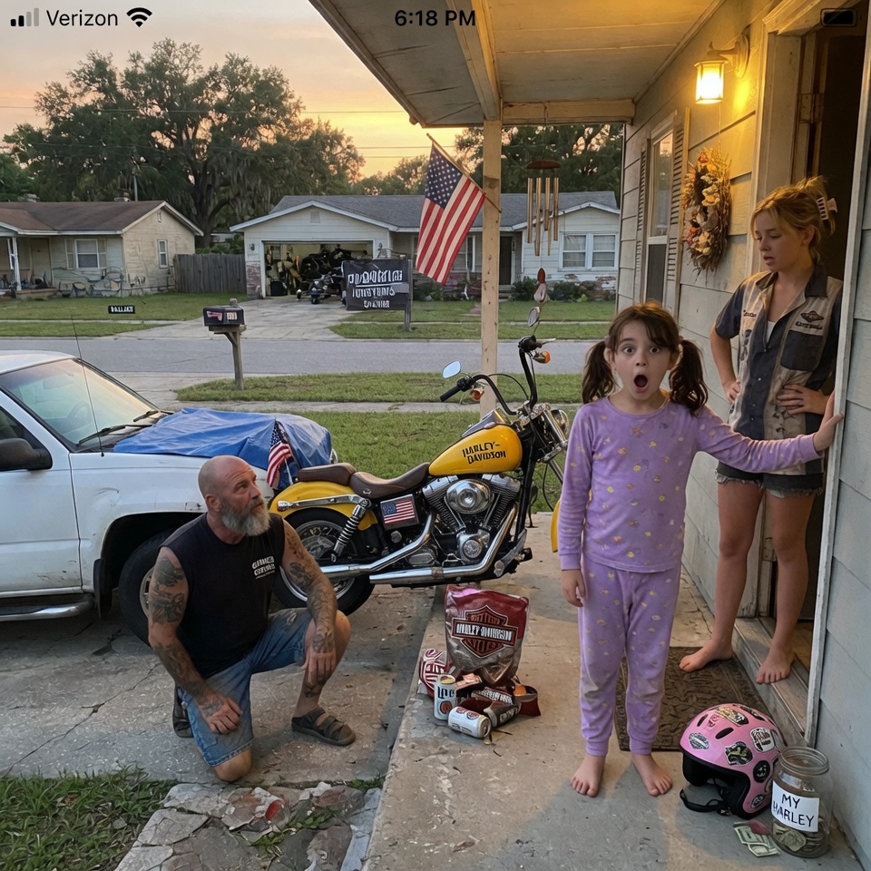 MY 9-YEAR-OLD DAUGHTER BUILT A FAKE HARLEY FROM CARDBOARD. A BIKER WATCHED. HE KNOCKED. WHAT HE MADE FOR HER LEFT EVERYONE SPEECHLESS. THE PART OF THE STORY THAT REMAINS UNRESOLVED…?