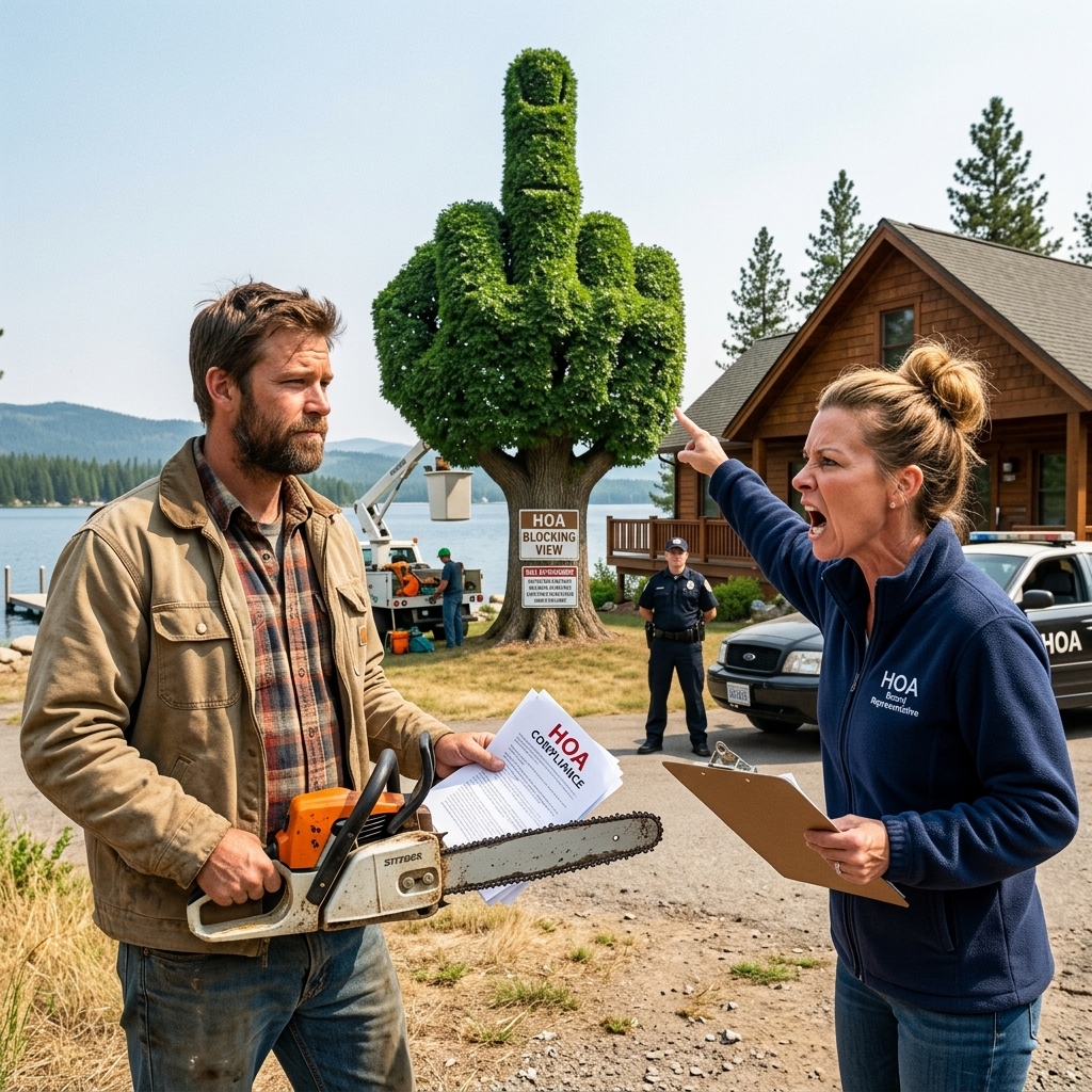 THE ARROGANT HOA PRESIDENT BROUGHT A CHAINSAW TO DESTROY MY PROPERTY BECAUSE IT BLOCKED HIS MILLION
