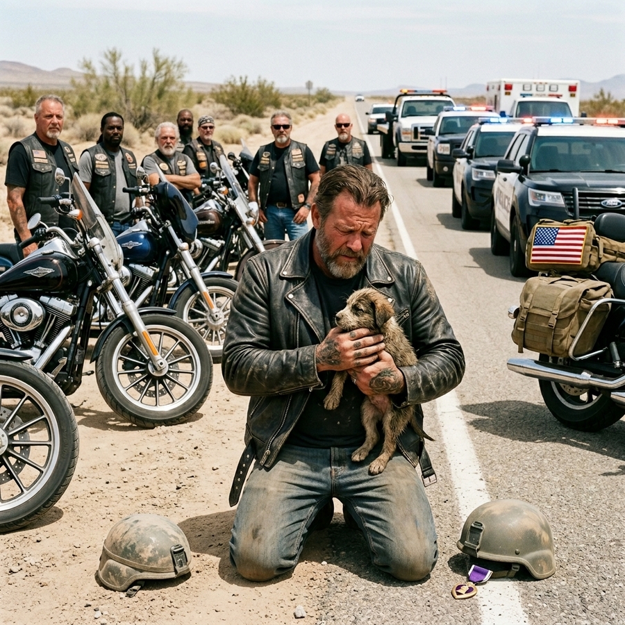 Heartless Owner Throws Abandoned Puppy Onto Highway, But Biker Gang Stops Traffic And Becomes Unexpected Heroes